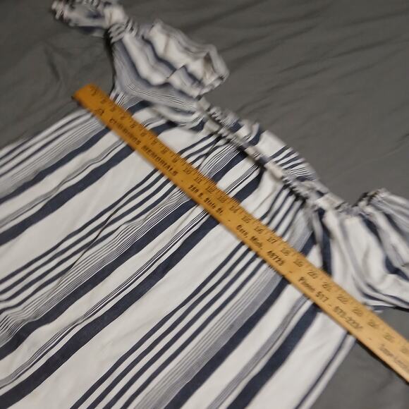 Truly 4 You vertical stripe boho Navy/white tunic M pompom butterfly sleeves - Picture 5 of 8